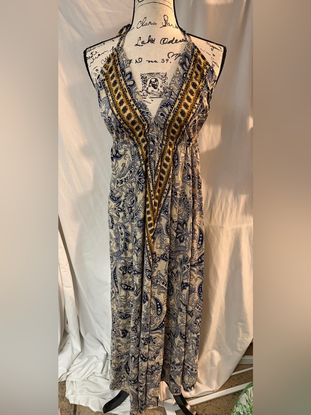 Paisley Halter Backless Maxi Dress in Navy and Cream with Gold Trim